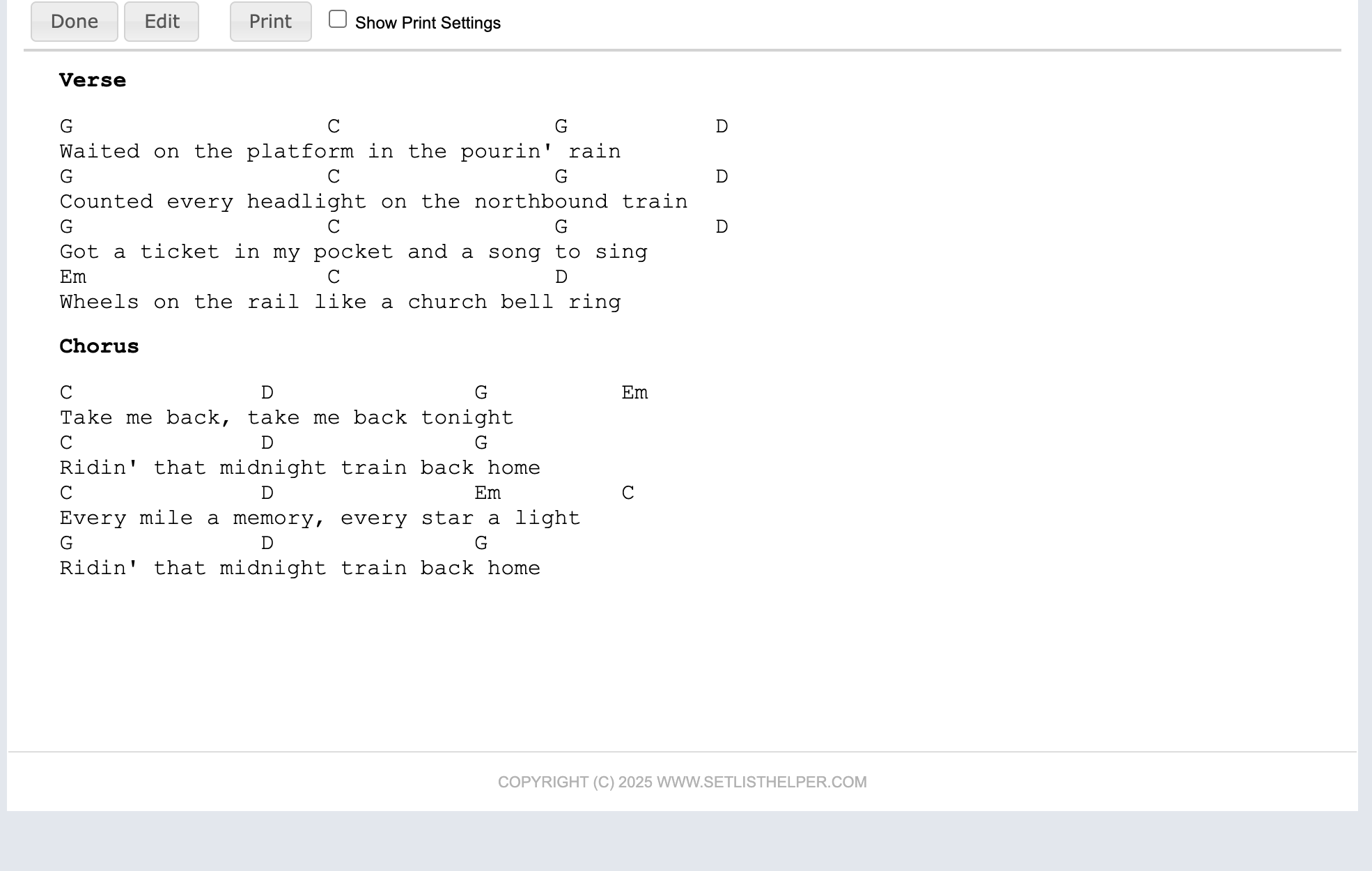 A digital lyric sheet with chords in Setlist Helper that can be performed from a tablet or printed