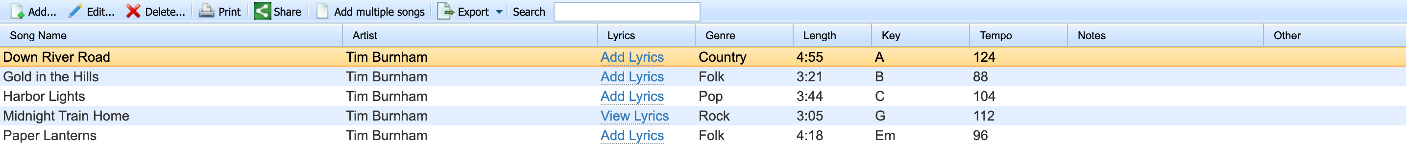 A band song catalog in Setlist Helper listing artist, genre, length, key, and tempo for each song